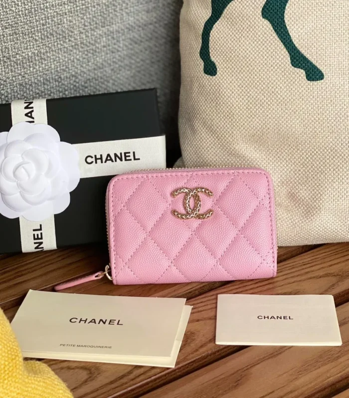cc zipped wallet 11cm pink caviar gold hardware