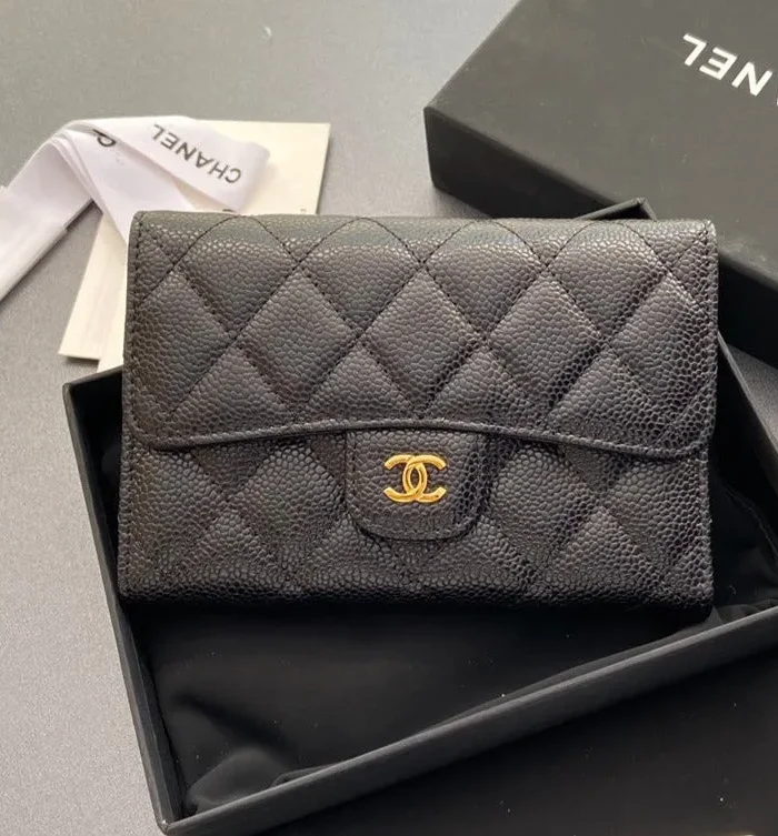 cc wallet 15cm black caviar gold hardware