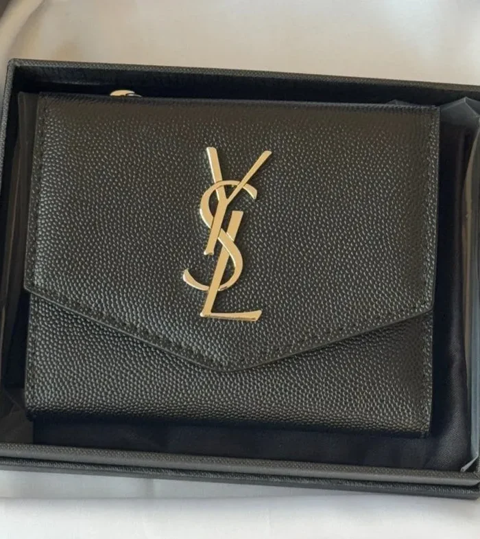 YSL Tri-fold Wallet Black Silver Cowhide 242758