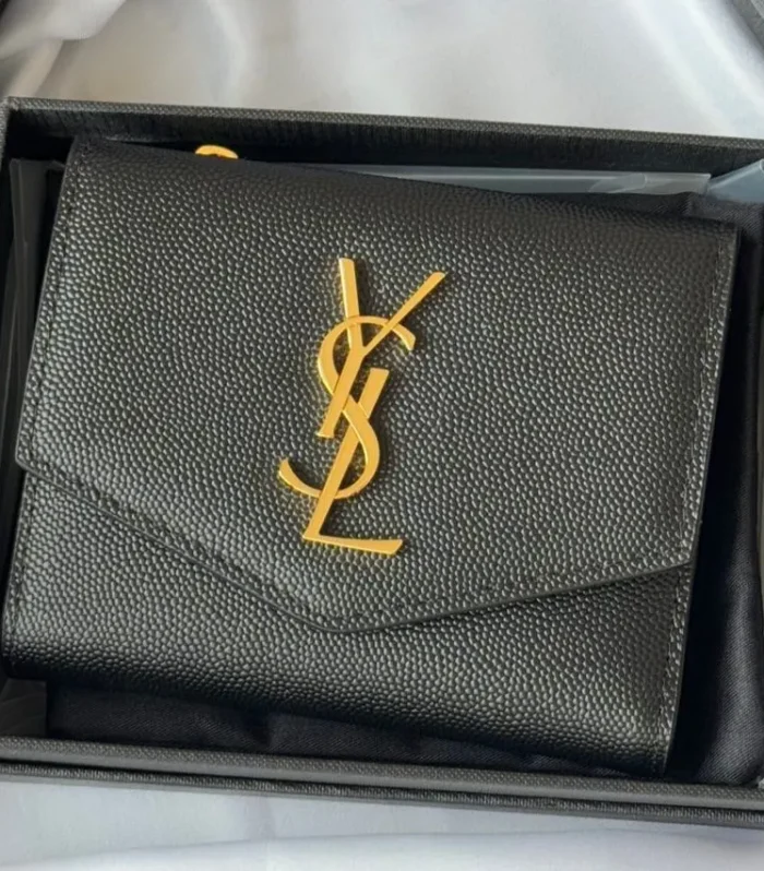 YSL Tri-fold Wallet Black Gold Cowhide 242754