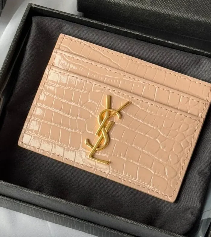 YSL Card Holder 10cm Wallet Pink Gold Crocodile Leather 240557