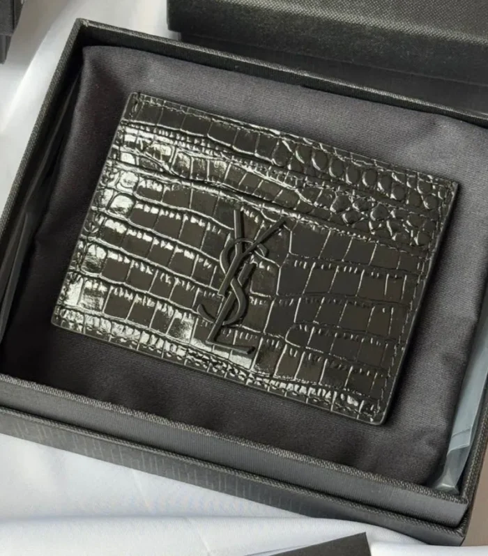 YSL Card Holder 10cm Wallet Full Black Crocodile Leather 240552