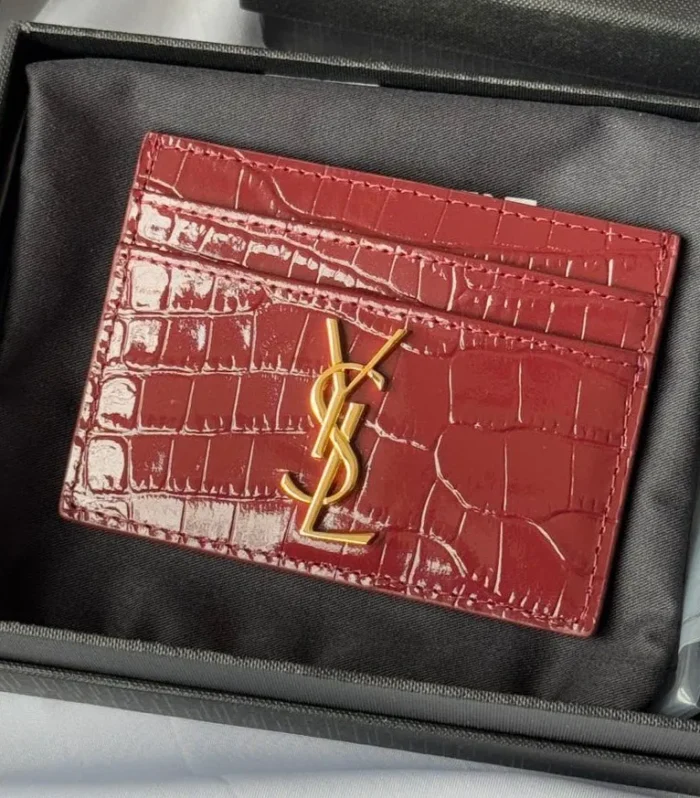 YSL Card Holder 10cm Wallet Burgundy Gold Crocodile Leather 240559