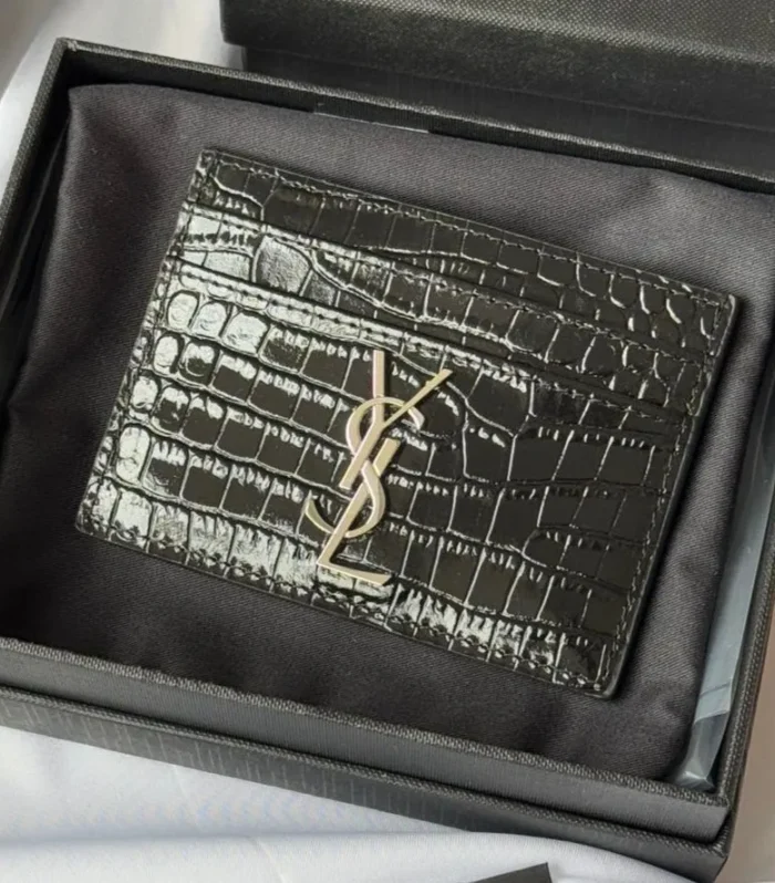 YSL Card Holder 10cm Wallet Black Silver Crocodile Leather 240554