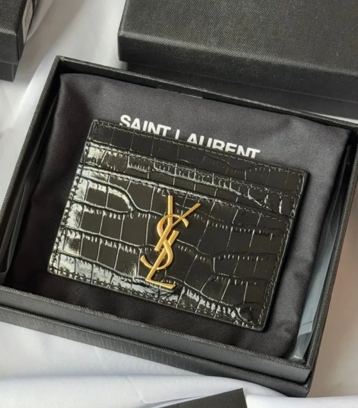 YSL Card Holder 10cm Wallet Black Gold Crocodile Leather 240550