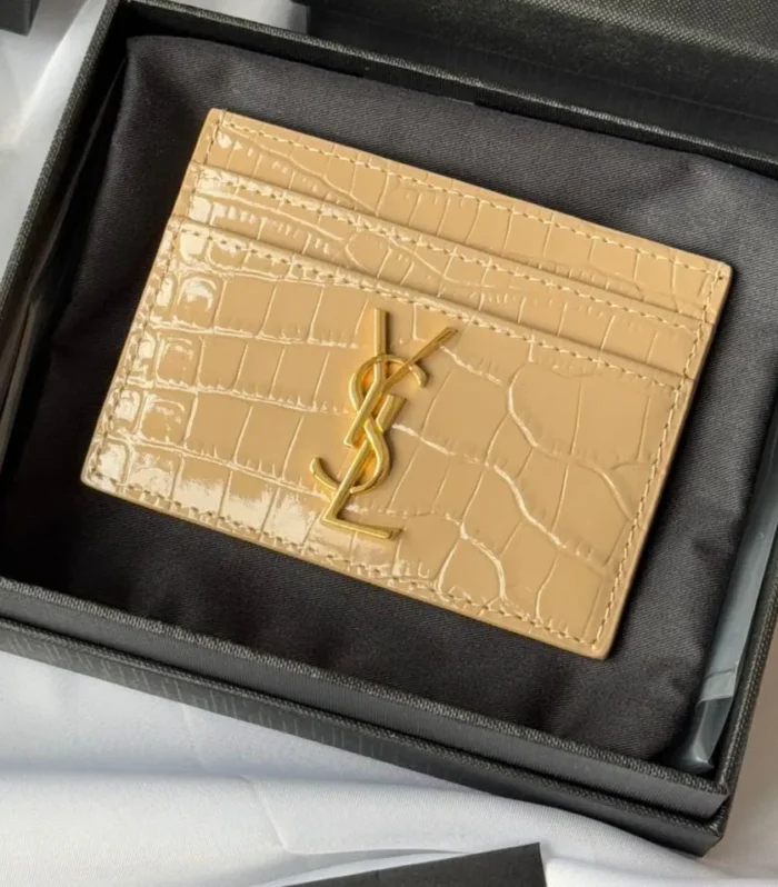 YSL Card Holder 10cm Wallet Beige Gold Crocodile Leather 240555