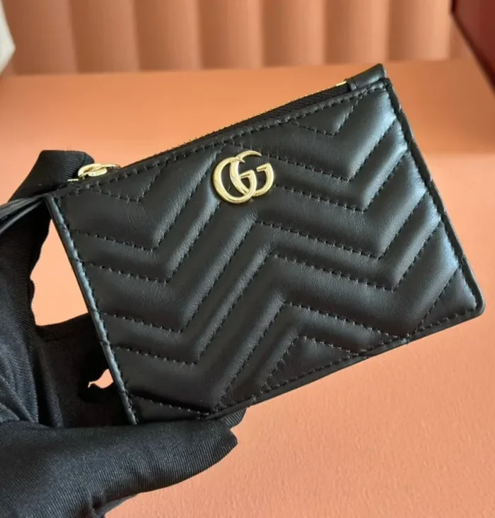 GG Marmont Card Case Zipper Wallet Black Leather 255163