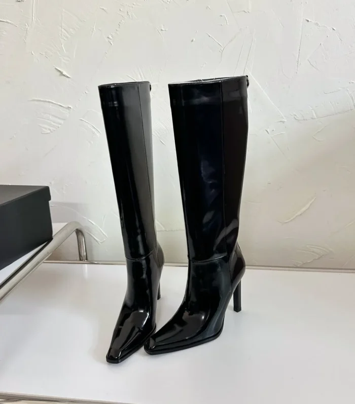 HIGH HEEL KNEE BOOTS IN BLACK SHINY CALFSKIN