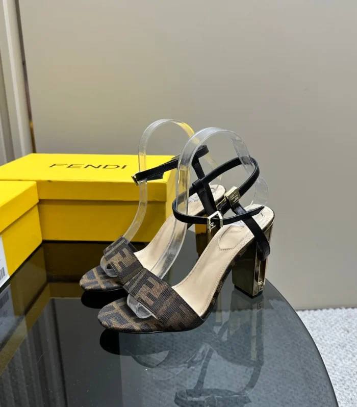 FENDI DELFINA HIGH-HEELED 10 CM SANDAL IN BROWN MONOGRAM FF CANVAS