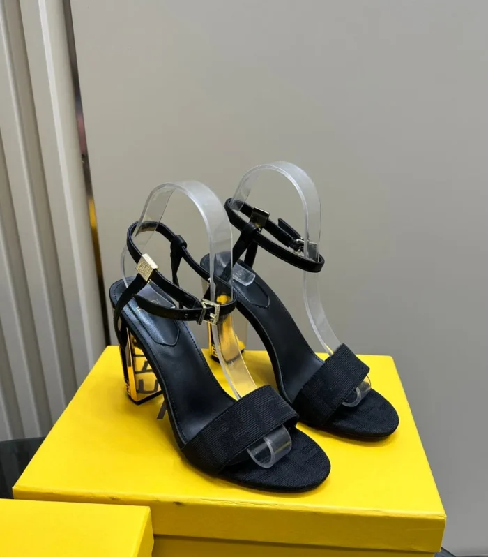 FENDI DELFINA HIGH-HEELED 10 CM SANDAL IN BLACK FF CANVAS