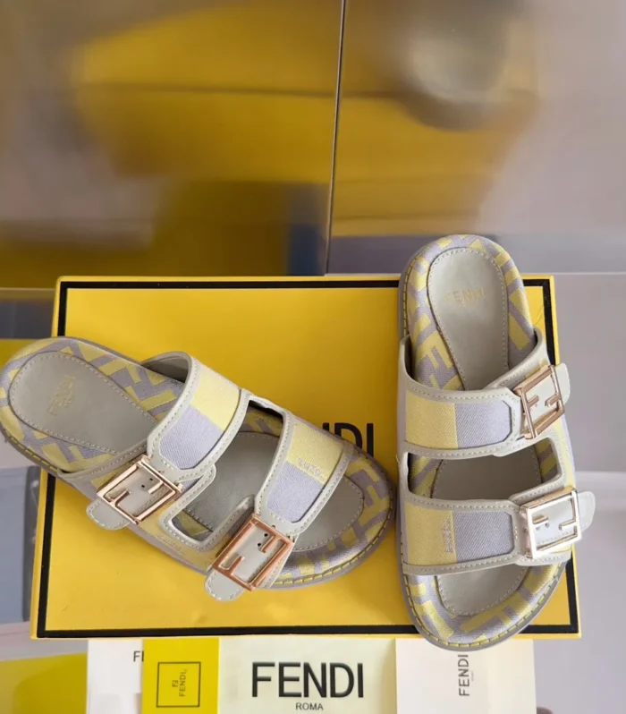 FENDI DAD SANDAL IN YELLOW MIX LIGHT PURPLE CANVAS WITH GOLD HARDWARE