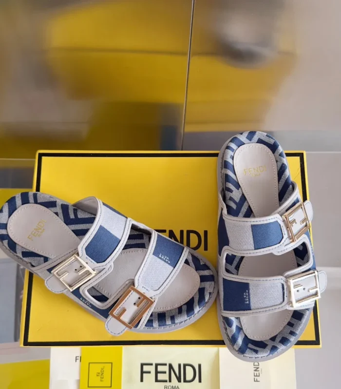FENDI DAD SANDAL IN NAVY BLUE MIX WHITE MONOGRAM JACQUARD FABRIC