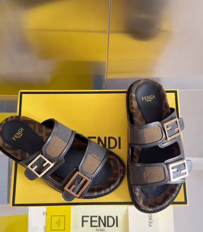 FENDI DAD SANDAL IN MOCHA BROWN MIX BLACK MONOGRAM JACQUARD FABRIC