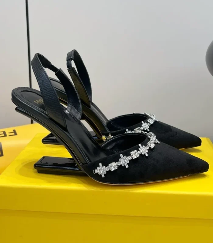 FENDI CRYSTAL HIGH-HEELED SLINGBACK 7 CM IN BLACK  SUEDE