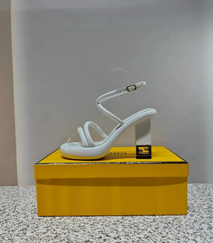 FENDI CHUNKY HIGH-HEELED SANDAL IN WHITE CALFKIN WITH GOLD HARDWARE
