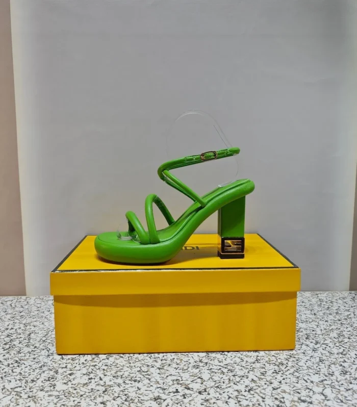 FENDI CHUNKY HIGH-HEELED SANDAL IN SHAMROCK GREEN CALFKIN WITH GOLD HARDWARE
