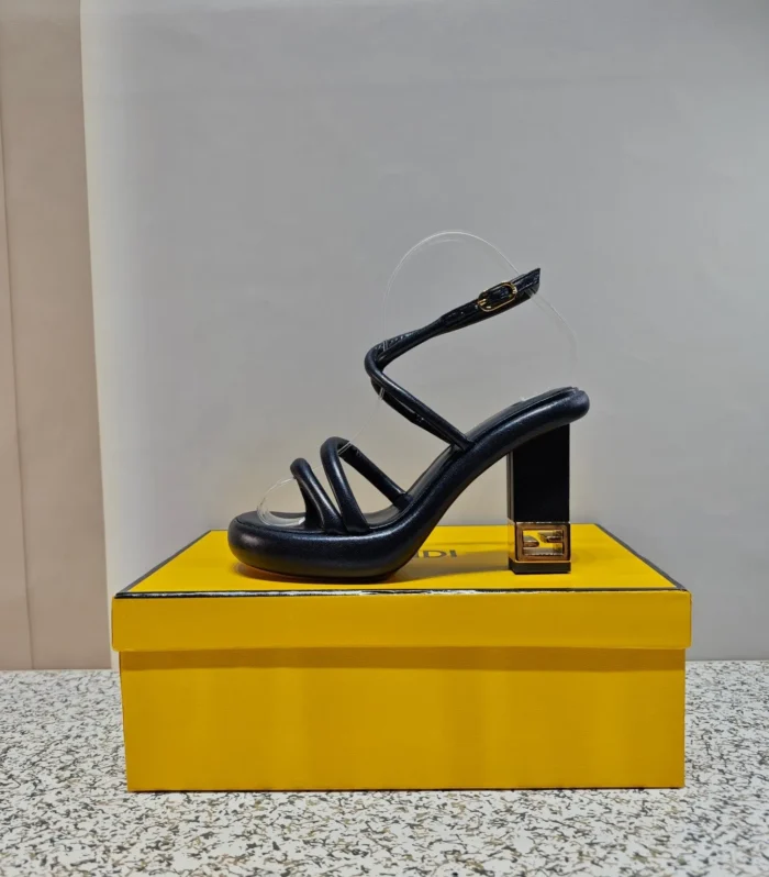 FENDI CHUNKY HIGH-HEELED SANDAL IN BLACK CALFKIN WITH GOLD HARDWARE