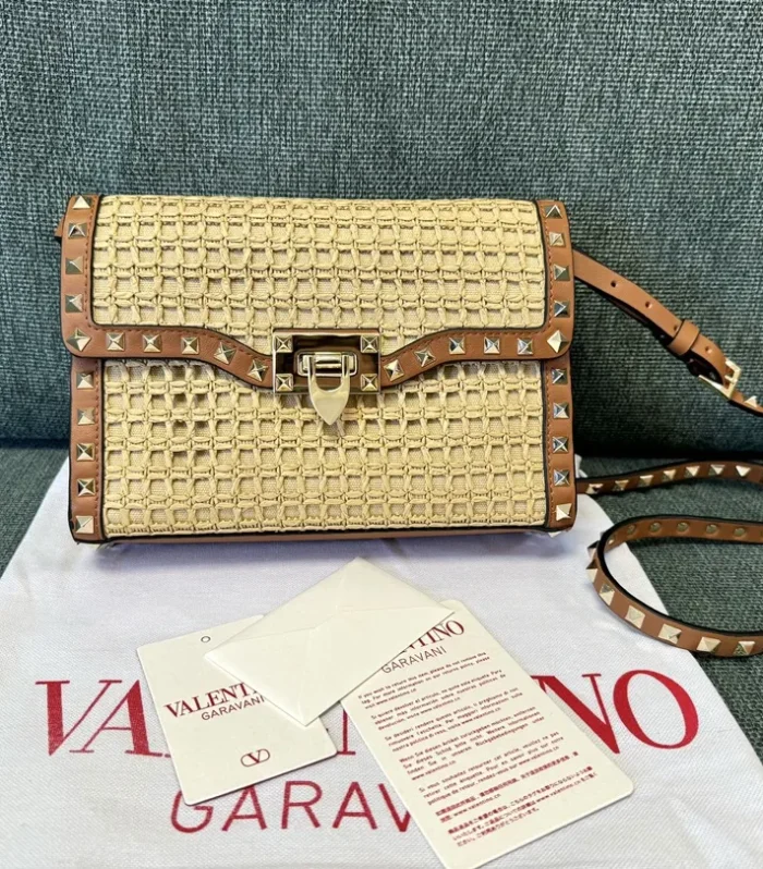 Valentino SMALL ROCKSTUD SHOULDER BAG IN WOVEN RAFFIA