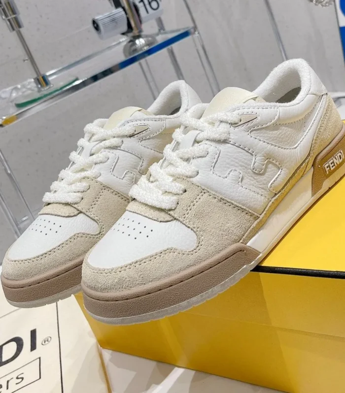 FENDI CASUAL SNEAKER IN WHITE CALFSKIN AND TAN BROWN SUEDE