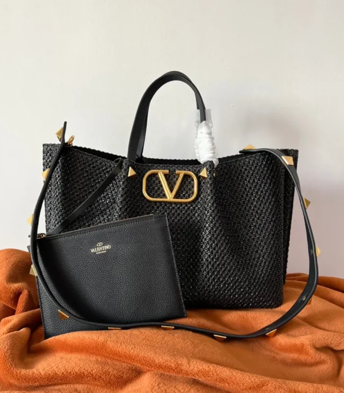 Valentino Spring and Summer 35 Tote Bag Black Raffia 552573