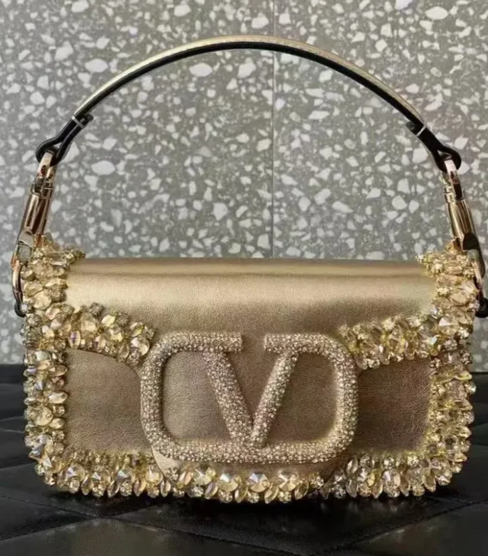 Valentino Loco Embroidered Handbag Gold Leather