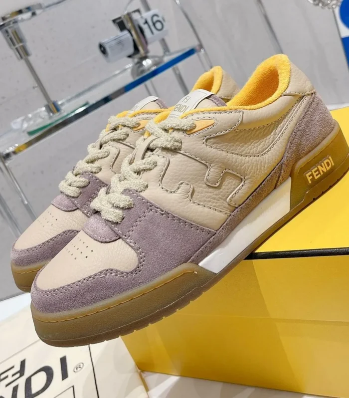 FENDI CASUAL SNEAKER IN TAN BEIGE CALFSKIN AND HEATHER PURPLE SUEDE