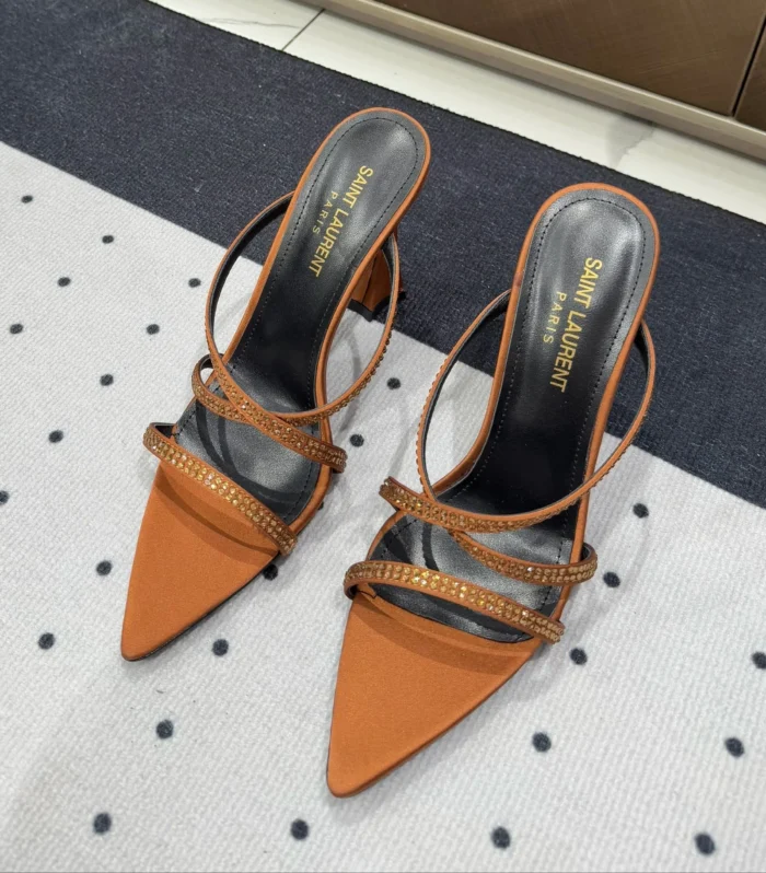 HIGH CRYSTAL STRAP SANDALS IN SANDSTONE SILK