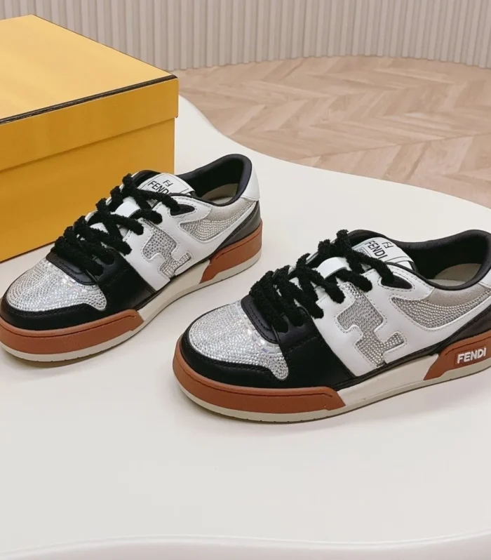 FENDI CASUAL SNEAKER IN BLACK MIX WHITE CALFSKIN ATTACH RHINSTONES