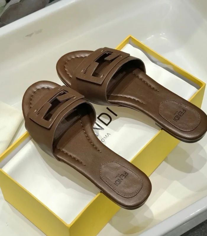 FENDI BAGUETTE SLIDES IN COFFEE BROWN LAMBSKIN