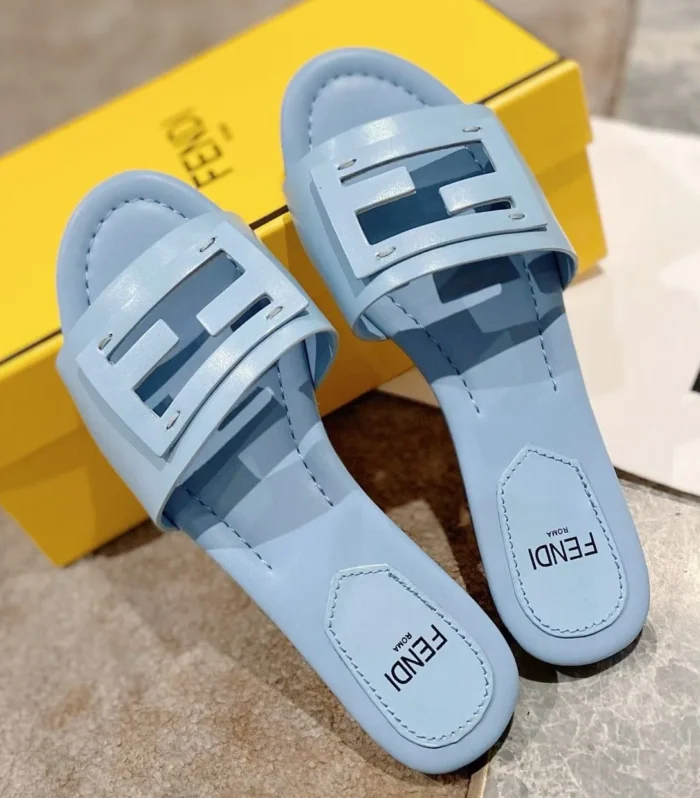 FENDI BAGUETTE SLIDES IN  BABY BLUE LAMBSKIN
