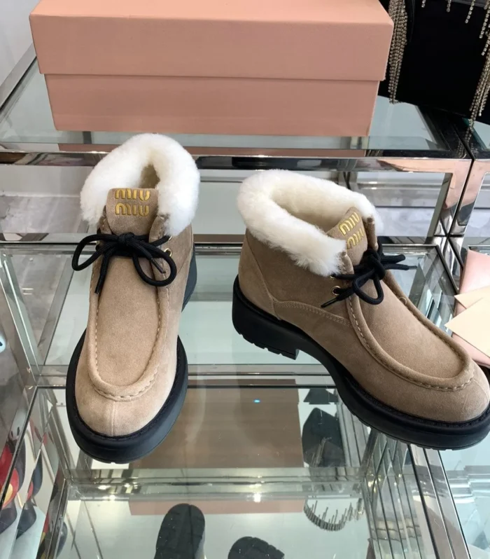 Miu Ankle Boots Khaki Brown Open-Hemmed Cowhide