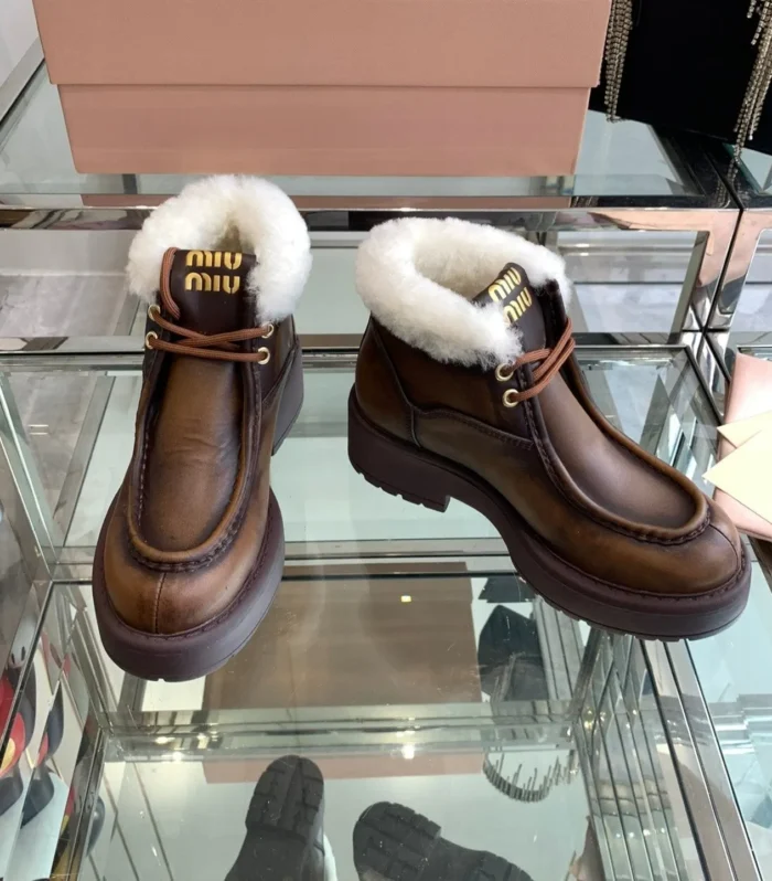 Miu Ankle Boots Earth Brown Open-Hemmed Cowhide