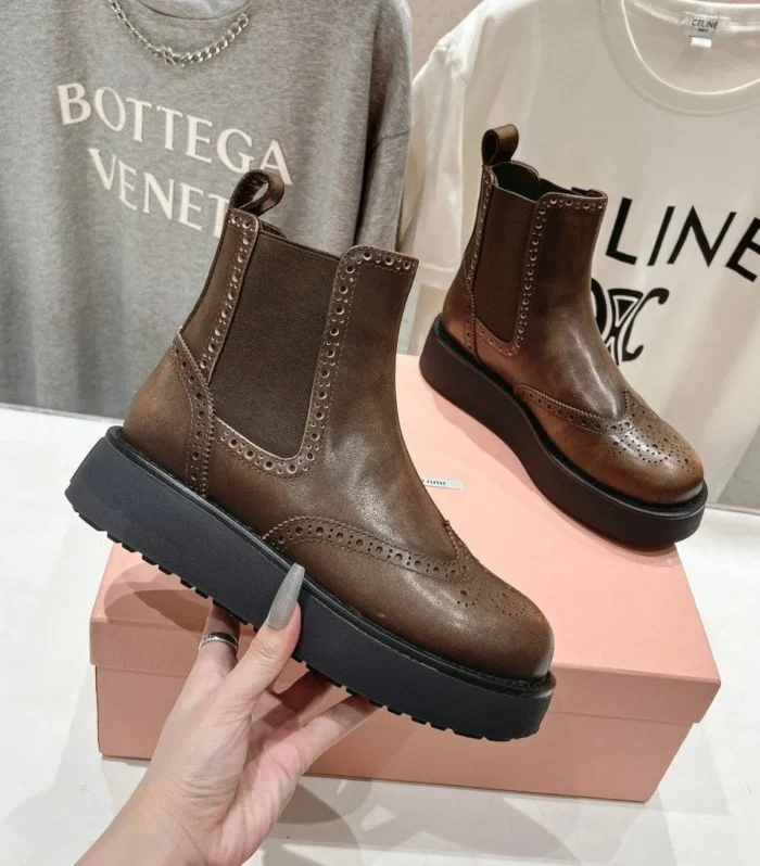 Miu Ankle Boots Coffee Brown Polished Calfskin