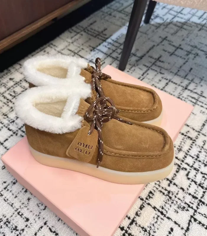 Miu Ankle Boots Cinnamon Brown Fleece Lining Cow Suede