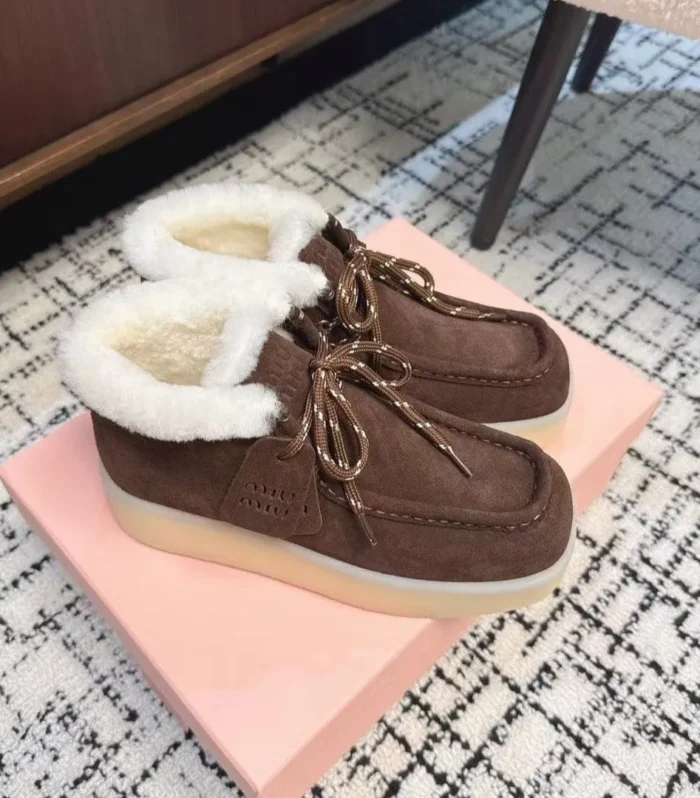 Miu Ankle Boots Chocolate Brown Fleece Lining Cow Suede