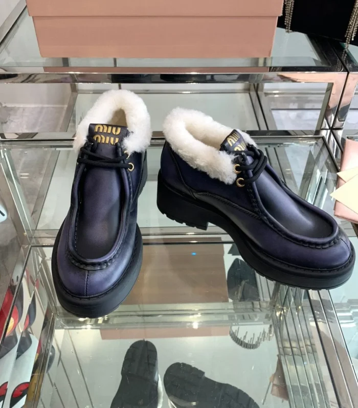 Miu Ankle Boots Charcoal Blue Open-Hemmed Cowhide