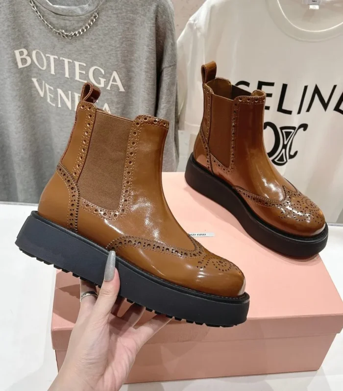 Miu Ankle Boots Caramel Brown Polished Calfskin