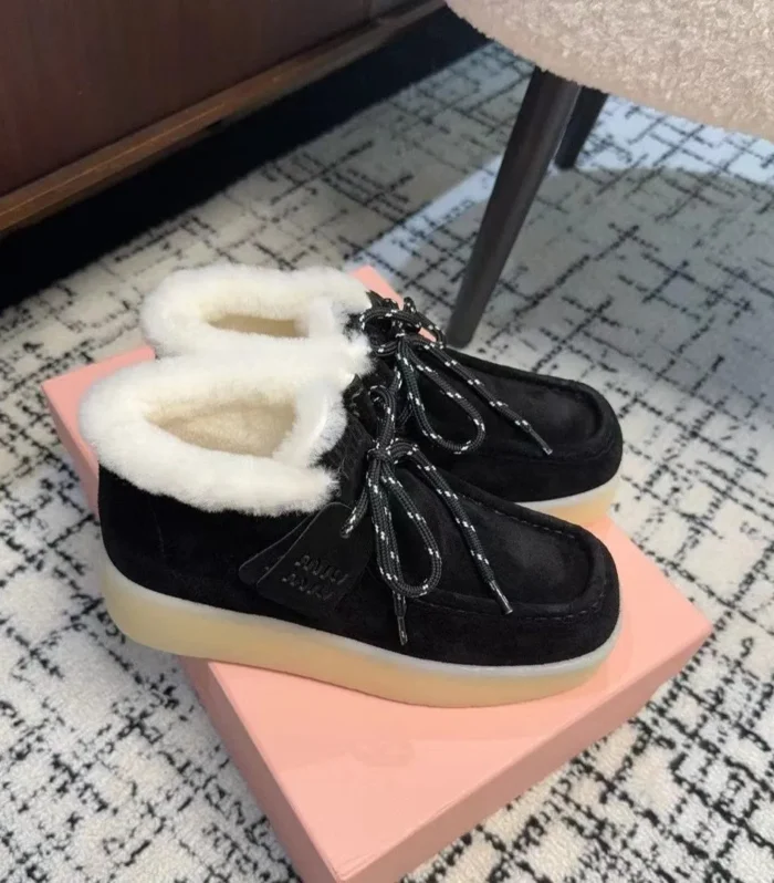 Miu Ankle Boots Black Fleece Lining Cow Suede