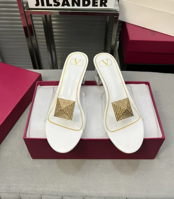 Heeled Sandals 6cm with Crystal Square Buckle White