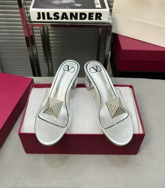 Heeled Sandals 6cm with Crystal Square Buckle Silver