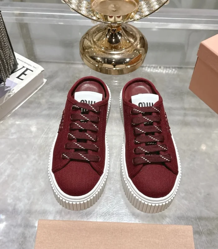 Miu 25C Sneaker Mules Maroon Red Demin Fabric 235318