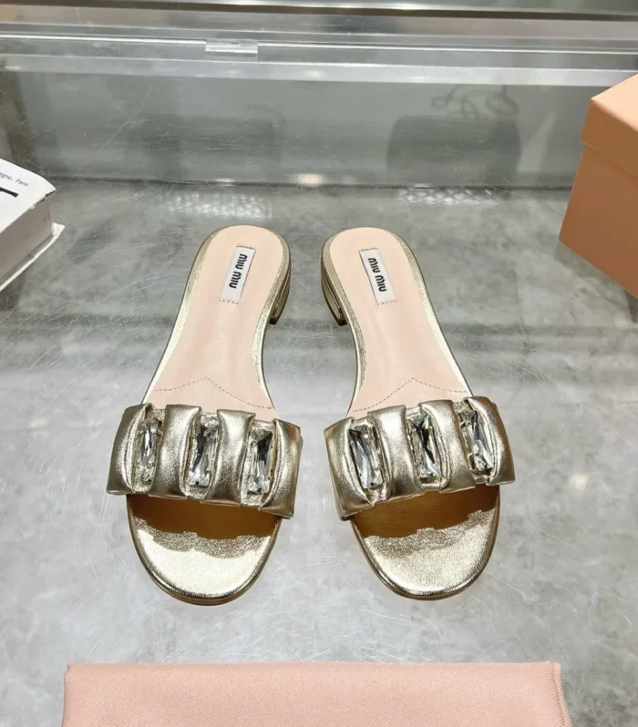 Miu 25C Slippers Gold Leather 235285