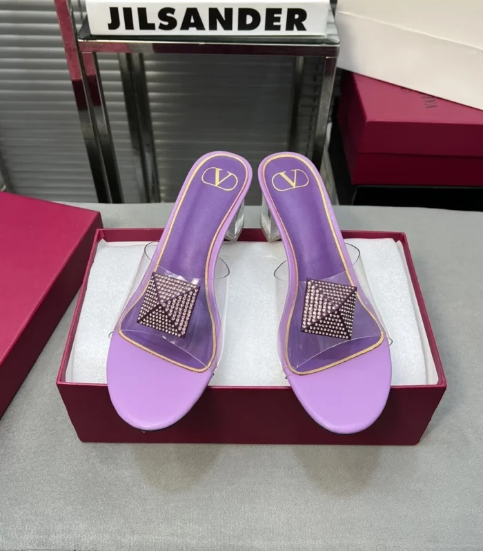 Heeled Sandals 6cm with Crystal Square Buckle Purple