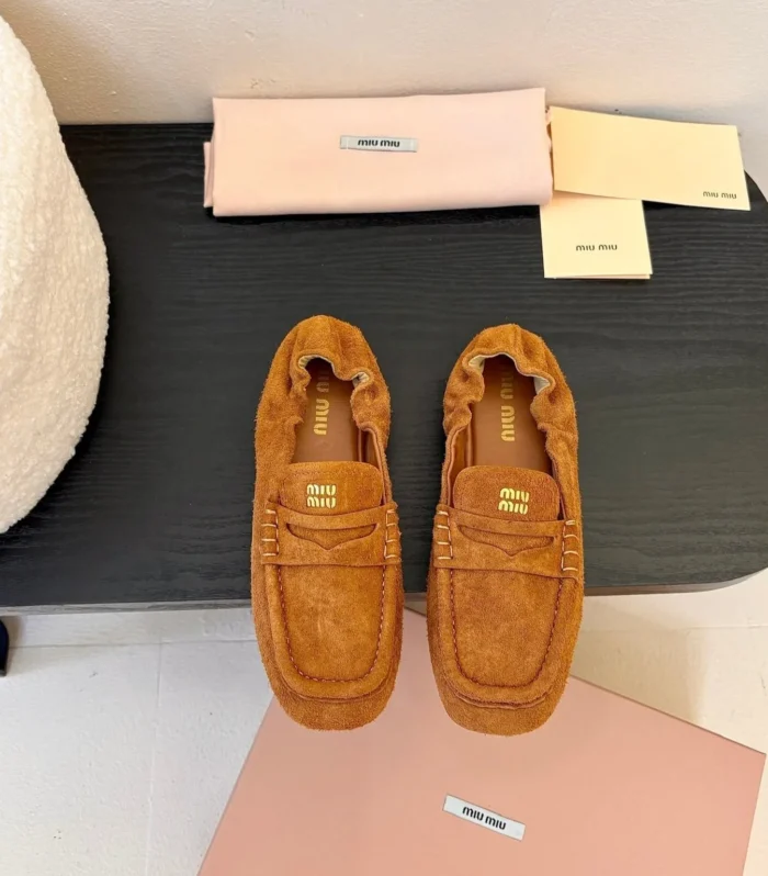 Miu 25C Ruches nappa Loafers Copper Brown Suede 235807