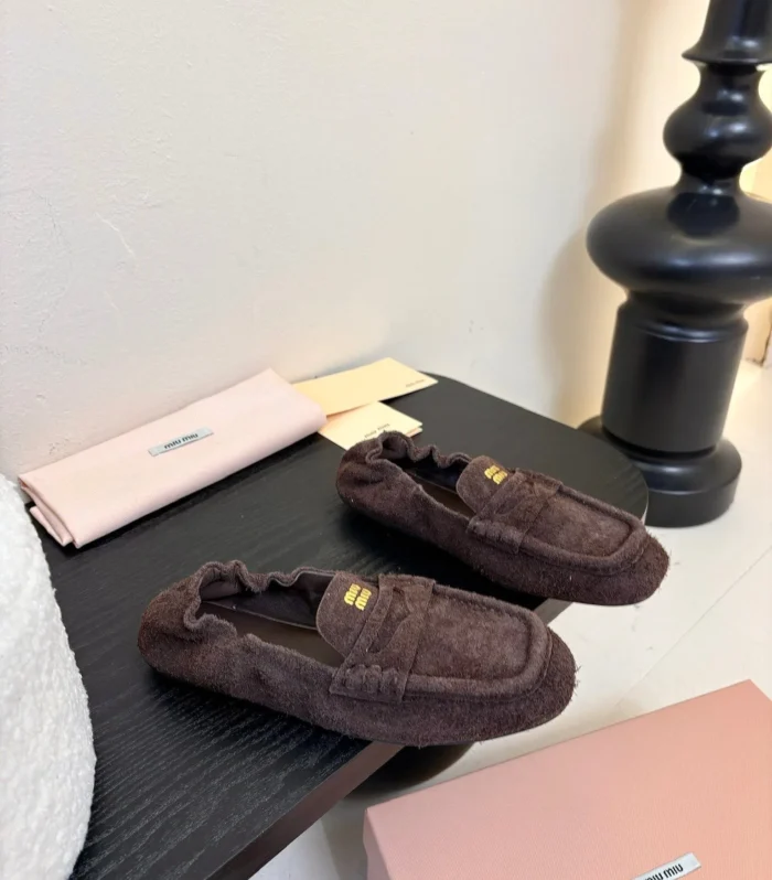 Miu 25C Ruches nappa Loafers Brown Suede 235808