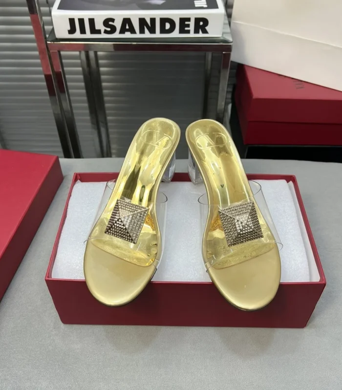 Heeled Sandals 6cm with Crystal Square Buckle Gold