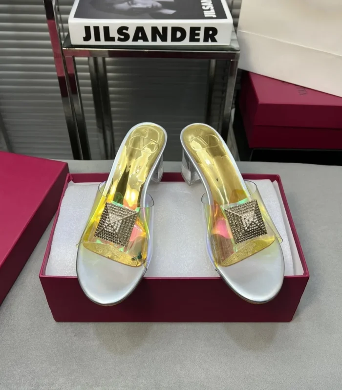 Heeled Sandals 6cm with Crystal Square Buckle Gold and Silver