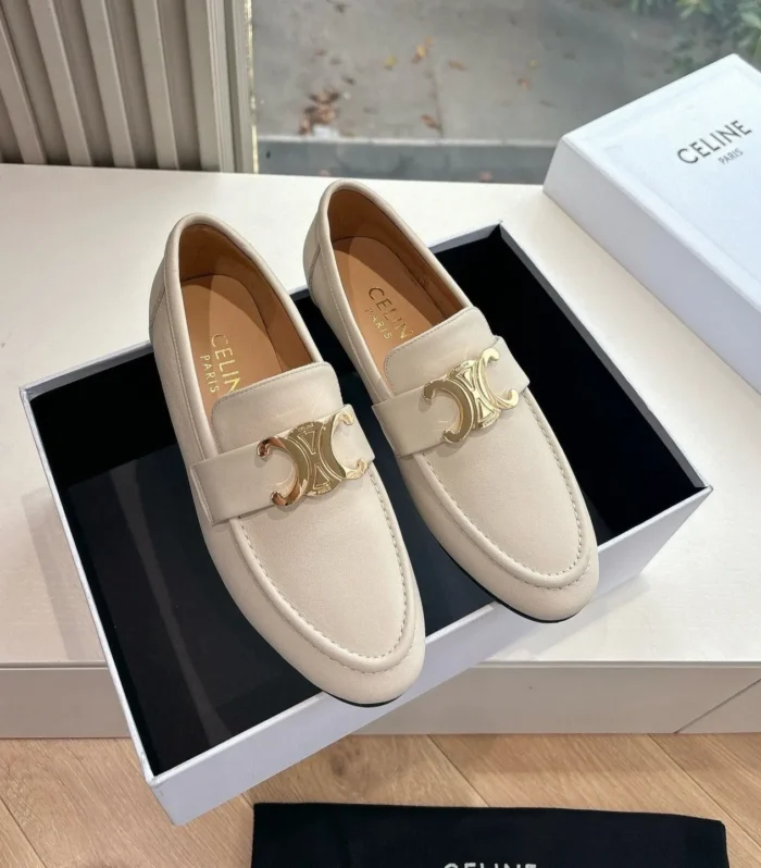 CELINE Buckle Triomphe Loafers White Leather 285957
