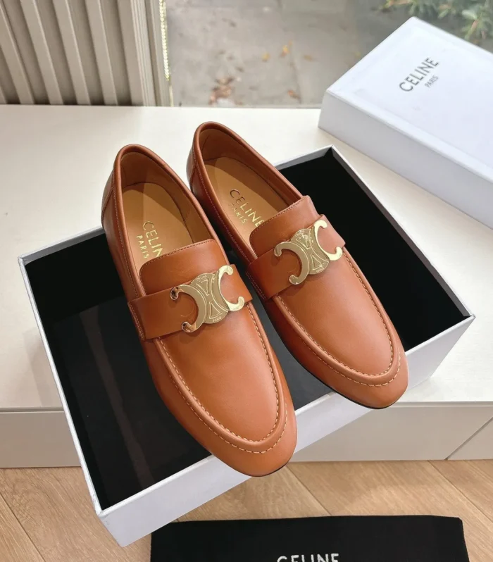 CELINE Buckle Triomphe Loafers Golden Leather