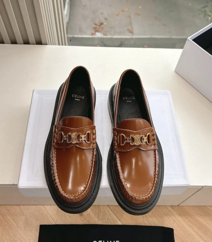 CELINE Buckle Triomphe Loafers Golden Leather 285955